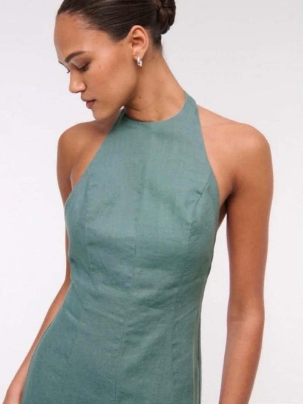 Ambercombie & Fitch Women's Linen High-Neck Maxi Dress, Sage, Medium Petite